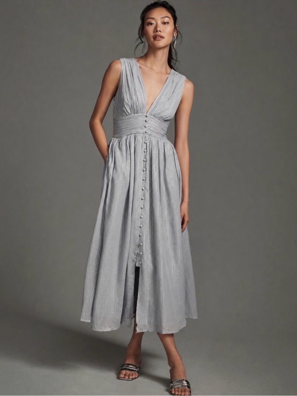 Anthropologie Catalina Lurex Silver Gray Midi Dress US 4 | Wedding Guest